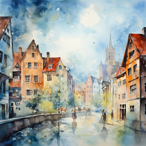Impressionistic Watercolour Painted Background Scenic Town