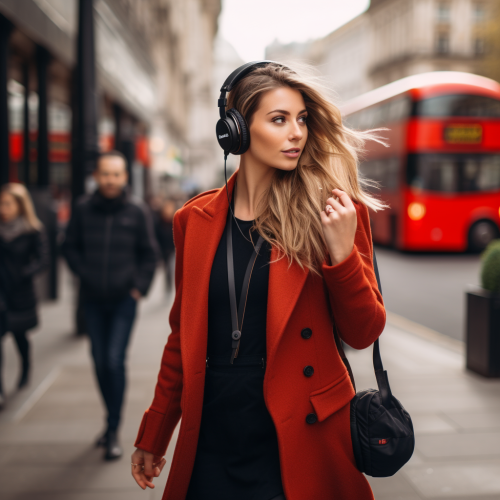 Independent girl walking London street in red midi dress