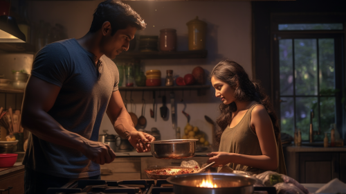 Indian cooking dinner with Mexican sister under cinematic lighting