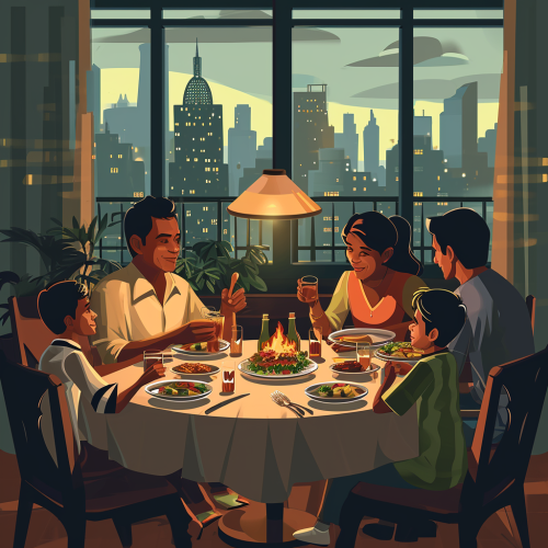 Indian family enjoying dinner in NYC