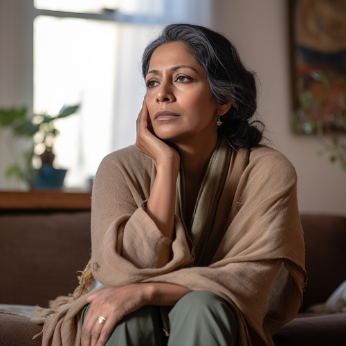 Depressed Indian woman thinking in living room