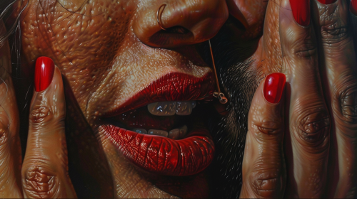 Indian woman red lips whispering man