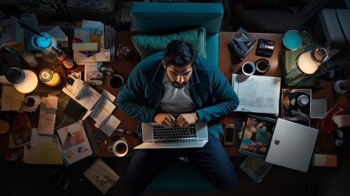Focused Indian-American Man with Laptop and Work Focused Indian-American Man with Laptop and Work