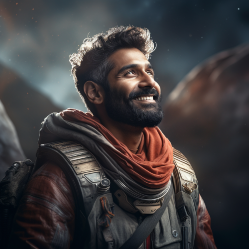 Indian male with large beard on space adventure