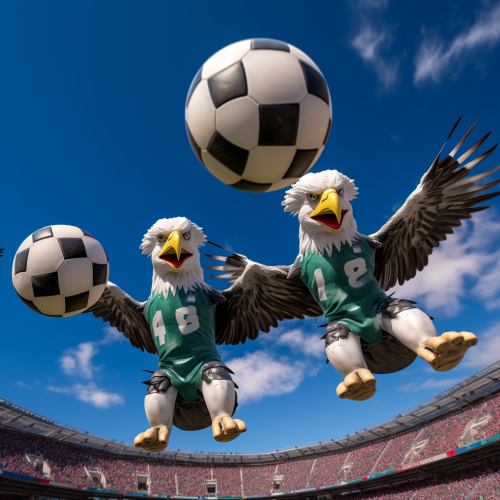 Inflatable eagles playing soccer in the sky