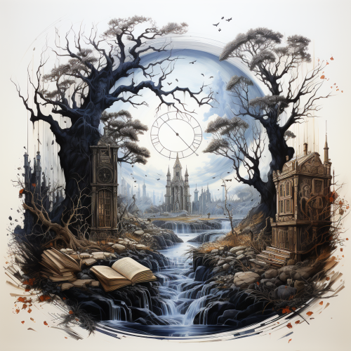 Black and white pen drawing on book page