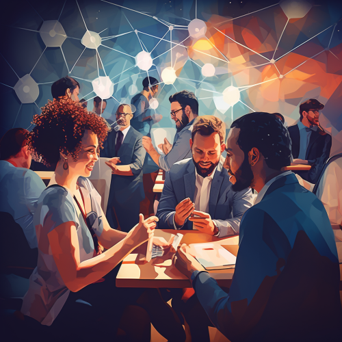 Group of people collaborating at tech networking event  ? Group of people collaborating at tech networking event  ?