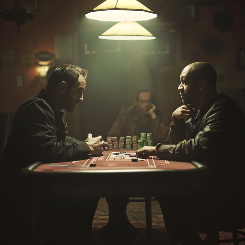 Intense poker duel in smoky room
