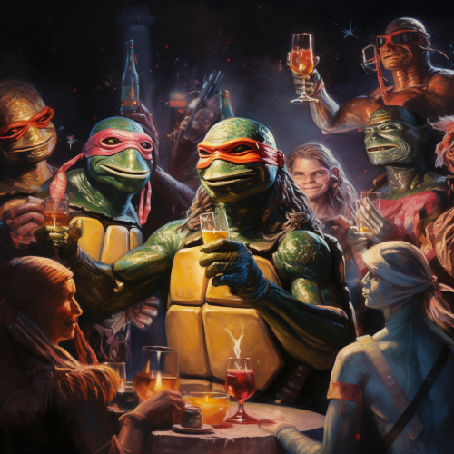 Characters celebrating at intergalactic party