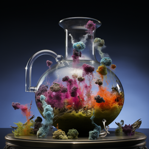 Colorful swirling steam in beakers Colorful swirling steam in beakers