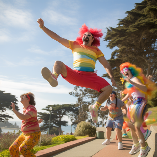 Middle-aged Irish man cartwheeling with SF 49ers jersey