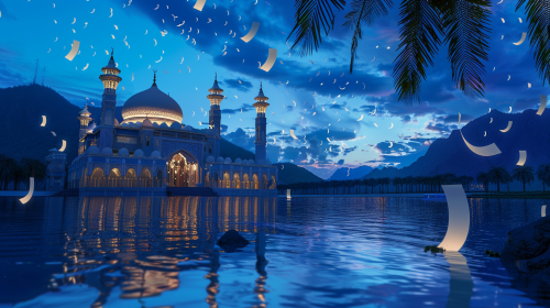 mosque papers flying night scene mosque papers flying night scene