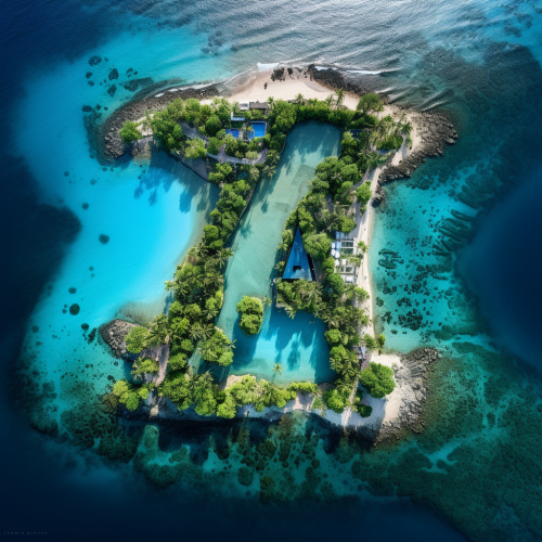 Aerial photo of island with white beaches forming the letter A