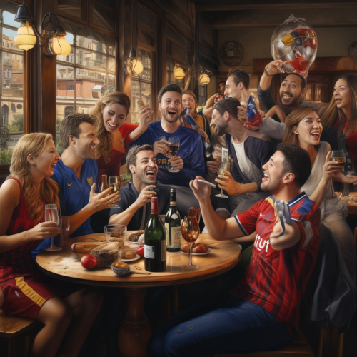 Group enjoying Italian restaurant and football