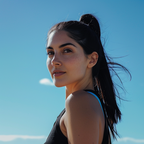 Italian woman with long black hair and ponytail against blue sky