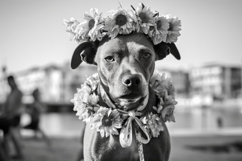 Dog selling flowers at Izmir Foca beach Dog selling flowers at Izmir Foca beach