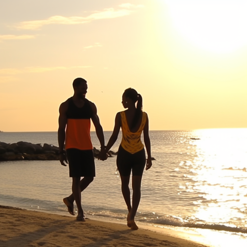 Couple walking on Jamaican beach