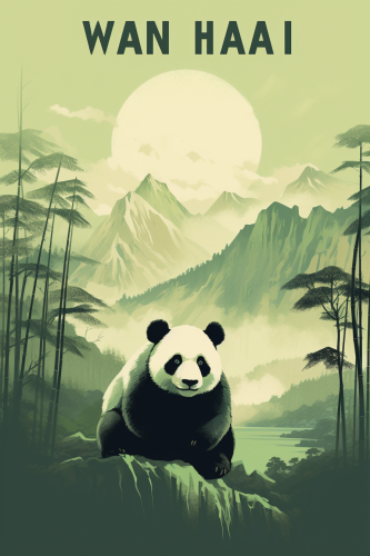 Green Japan Bamboo Panda Travel Poster