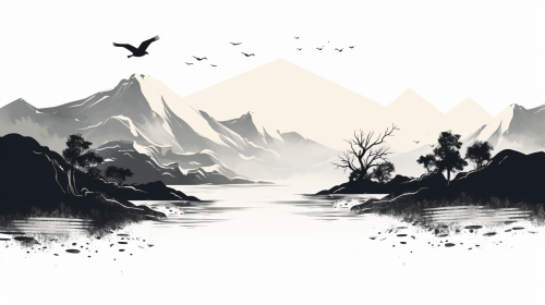 Japanese ink art canyon river playful