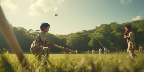 Japanese elementary students playing baseball game