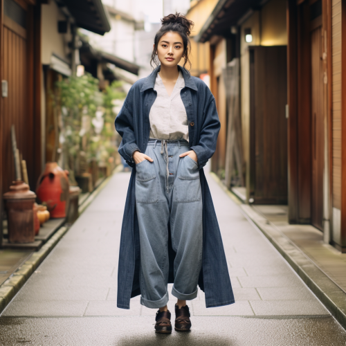 Japanese girl in stylish tapered denim jeans