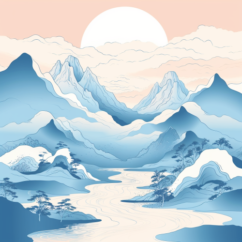 Realistic Japanese Mountain Illustration in Blue and White