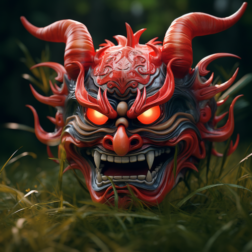 Japanese Oni Mask on Grass in Stunning 3D