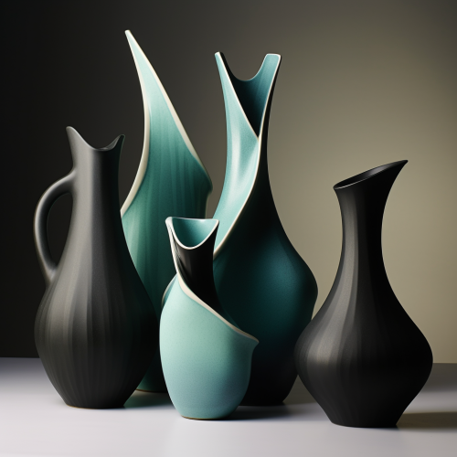 Japanese pottery shapes in black, cyan, green