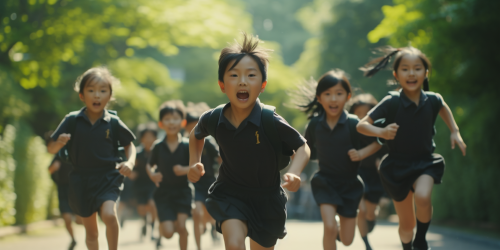 Elementary students running at Japanese school