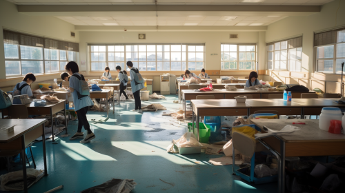 Smiling Japanese School Students Cleaning Classroom Smiling Japanese School Students Cleaning Classroom