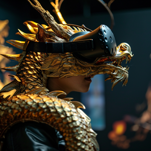 Japanese style dragon wearing VR headset