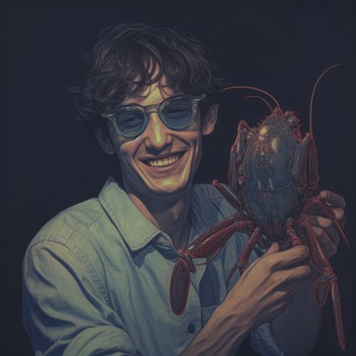 Japanese uncle holding smiling lobster