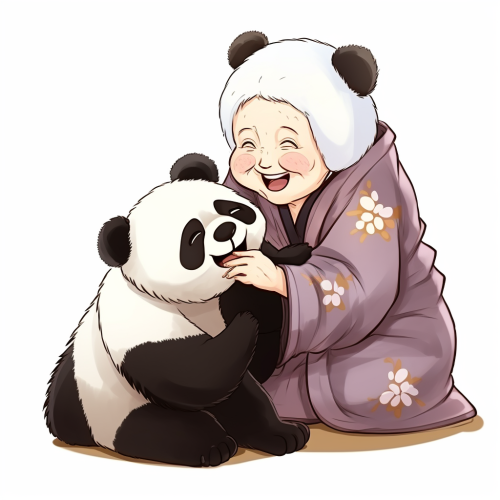 Happy Japanese woman headlocking panda with a smile