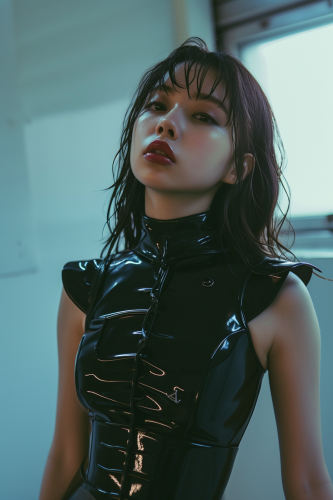 Japanese model in shiny black latex