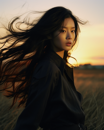 Beautiful Japanese woman in an empty field at sunset