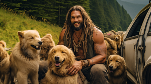 Smiling Jason Momoa with Golden Retriever Puppies