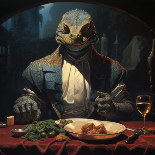Lizard warrior serving cheeseburgers at a dark tavern