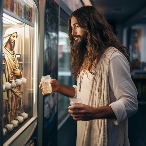 Jesus Christ enjoying a drink from a vending machine