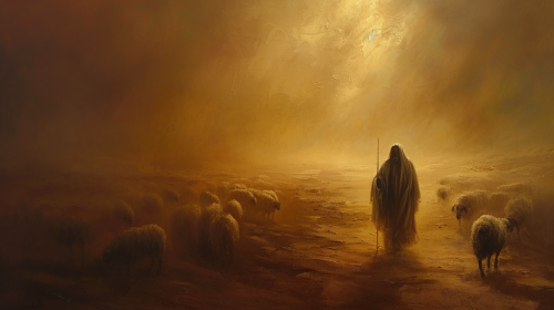 Jesus Christ saving lost sheep in desert