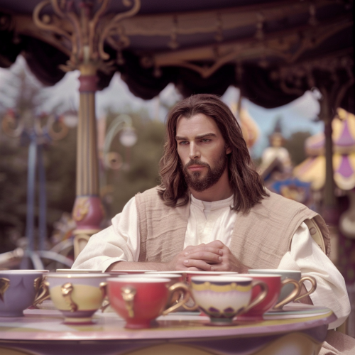 Jesus at Disneyland unimpressed teacups