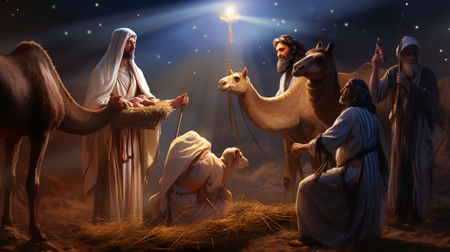 Jesus in a manger with Mary, Joseph and goats