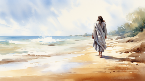 Watercolor painting of Jesus walking along a beach
