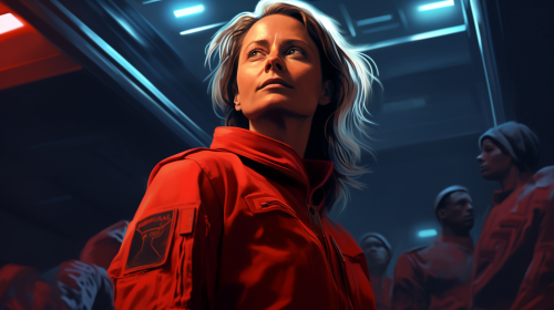 Jodie Foster in red overall, alien movie style