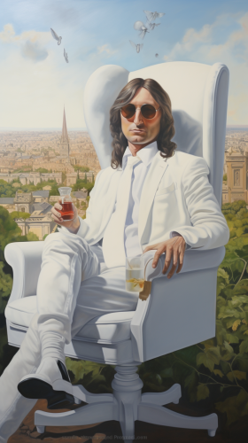 John Lennon sitting in white chair with utopian city