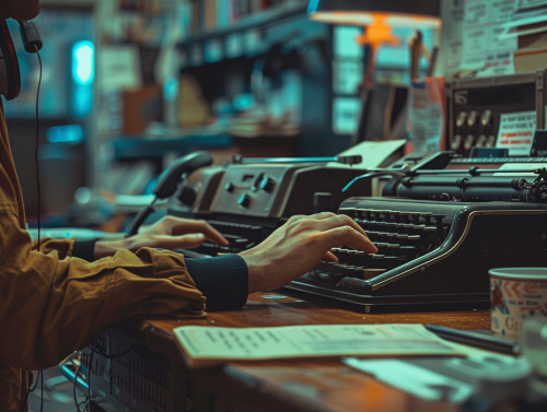 journalist typing newsroom phone coffee journalist typing newsroom phone coffee