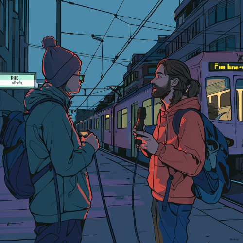 Journalist interviewing citizen train city Journalist interviewing citizen train city