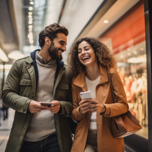 Happy couple with shopping bags and smartphones