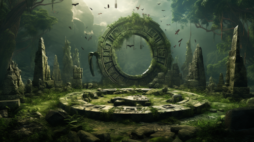 Photorealistic jungle stone circle with scattered meat Photorealistic jungle stone circle with scattered meat