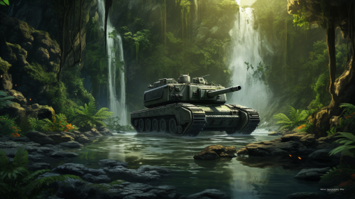Tank swimming in jungle waterfall