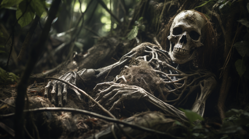 Tattered clothing on jungle skeleton